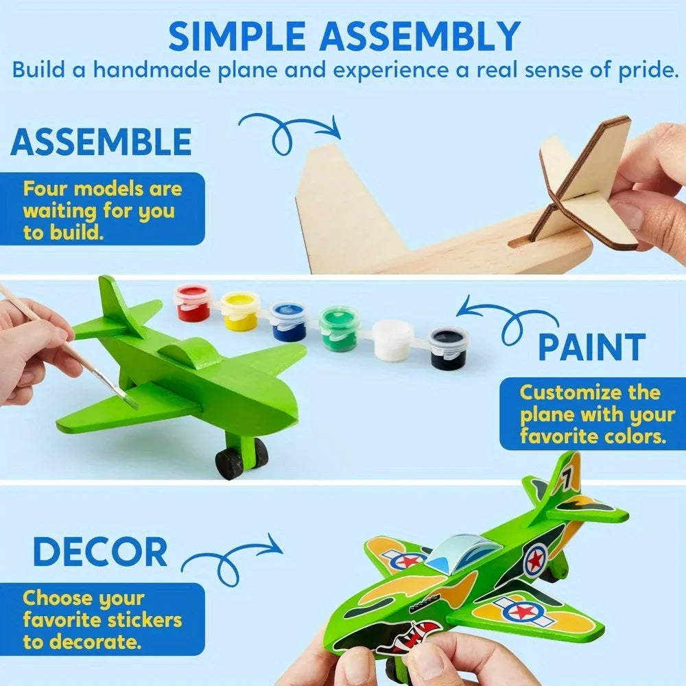 JOYFY 4Pcs DIY Wooden Aircrafts-Build & Paint Your Own Wooden Airplane Craft Kit Easy to Assemble  for Boys 6-12 Birthday Gifts