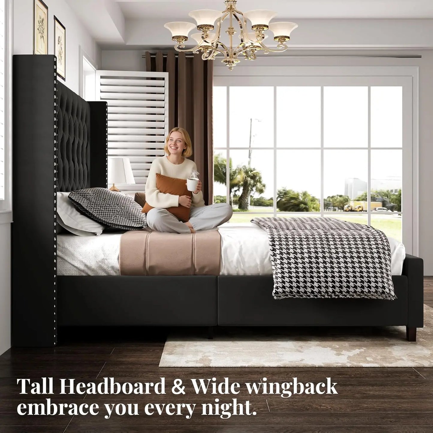 King Size Bed Frame Wingback Velvet Upholstered Platform Deep Button Tufting Solid Wood Legs No Box Spring Black, Customized