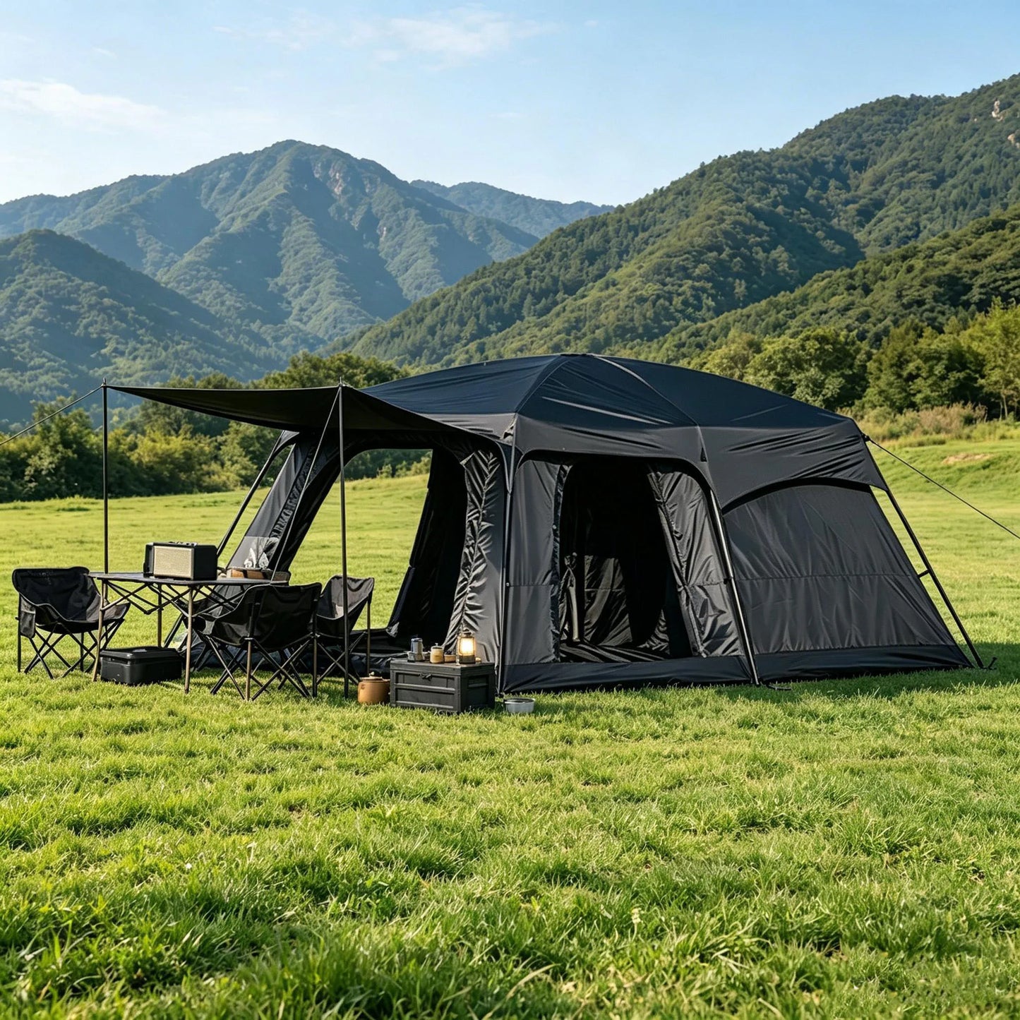 4/8/12-Person Outdoor Camping Tent with Extendable Canopy: Mosquito-proof, waterproof, and UV-resistant; well-ventilated and breathable to prevent stuffiness; quick to set up and easy to pack away; suitable for all seasons an