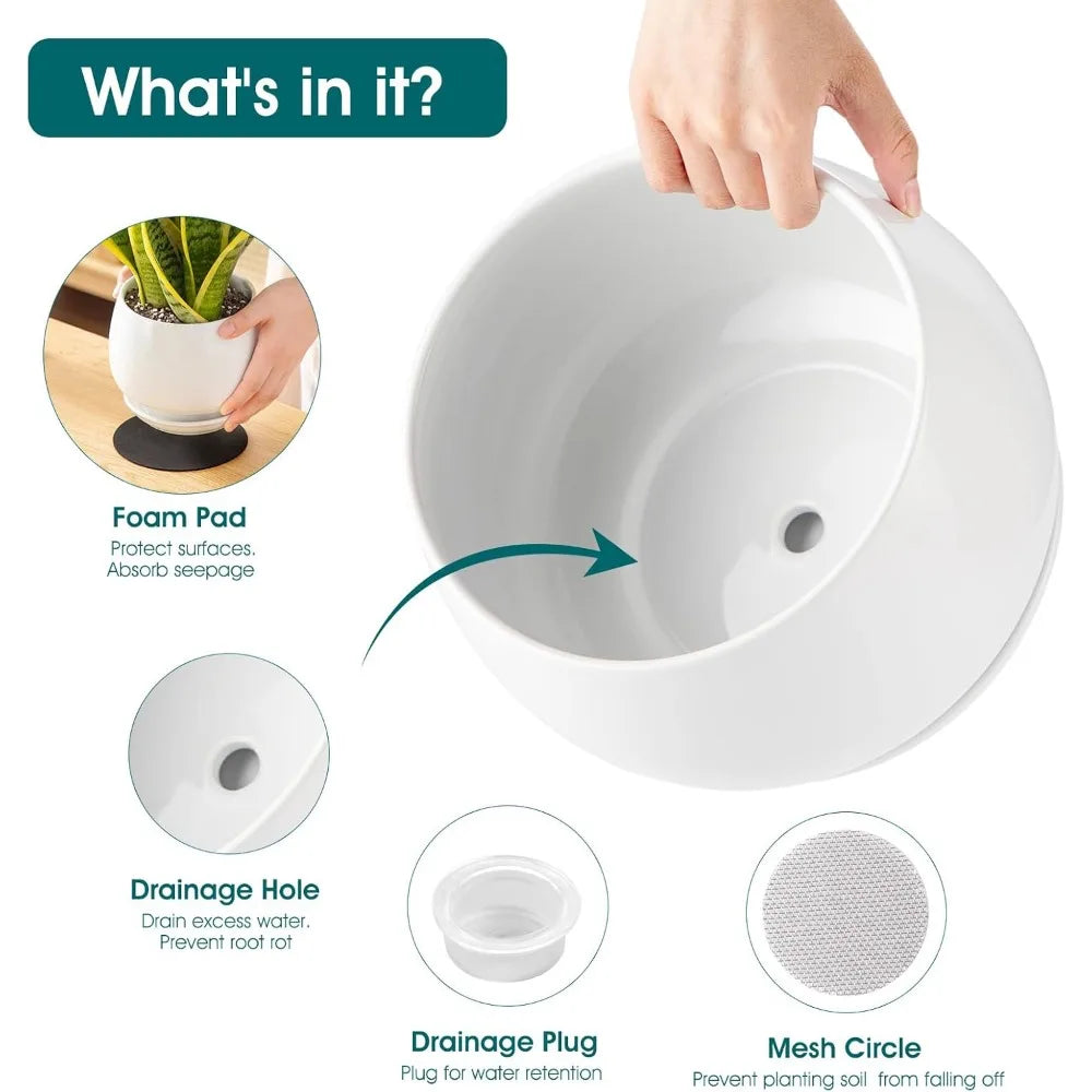 3 Pack White Ceramic Plant Pots with Saucers and Drainage Holes for Indoor Plants