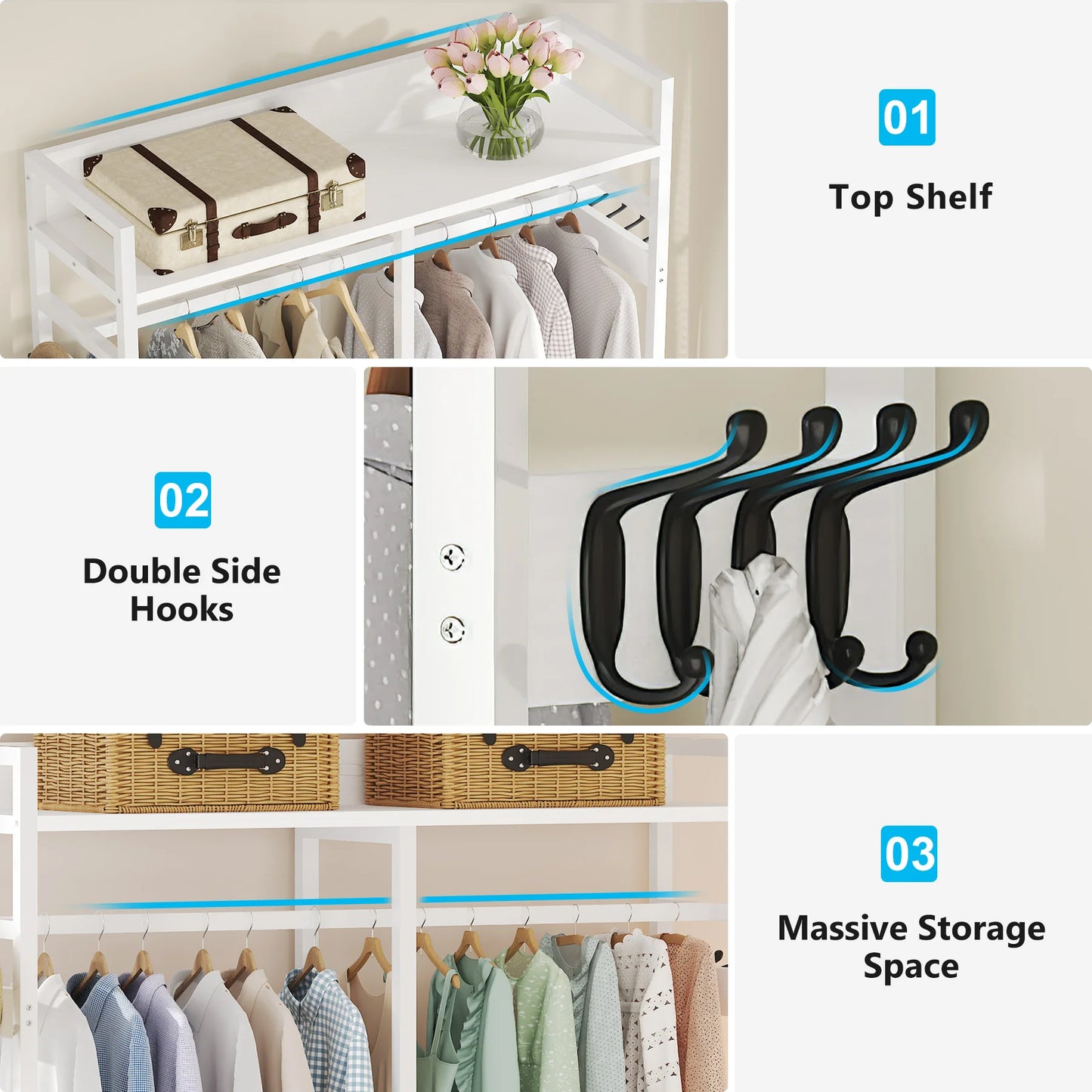 Tribesigns Freestanding Closet Organizer for Hanging Clothes, Heavy Duty Garment Rack with Drawers, 8 Hooks and Storage Shelves