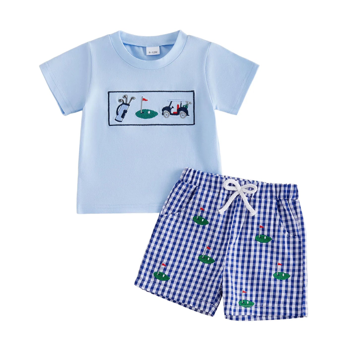 Boys Summer Outfits with Cute Animal Embroidery Short Sleeve T-Shirts and Elastic Waist Plaid Shorts 2Pcs Clothing Set for