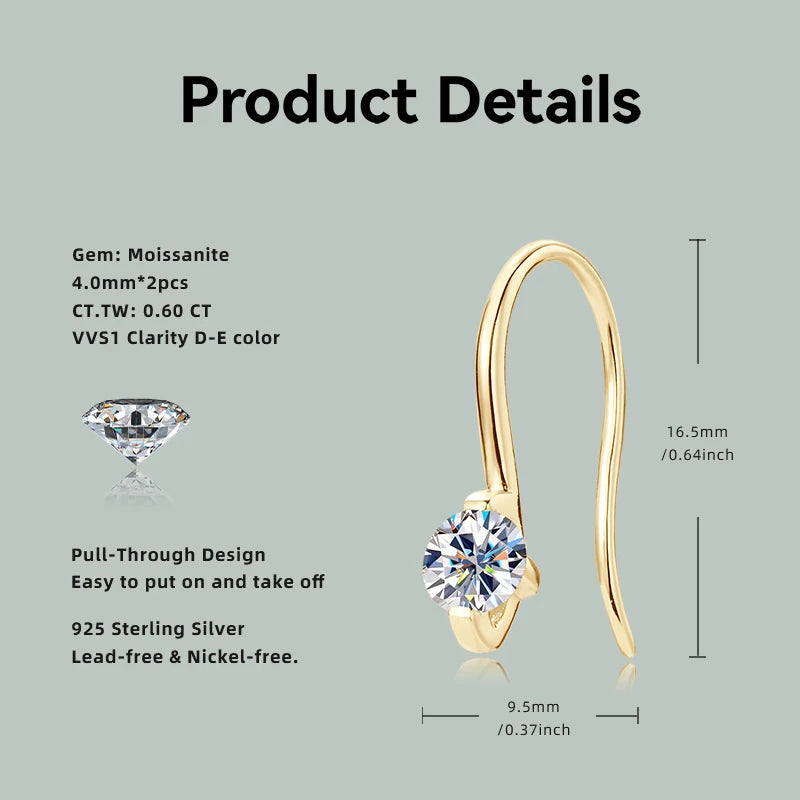 OXTAO 925 Sterling Silver Hook Earrings For Women 4mm Moissanite Dangle Ear Simple Elegant Jewelry Party Daily Wear 2025 Trendy