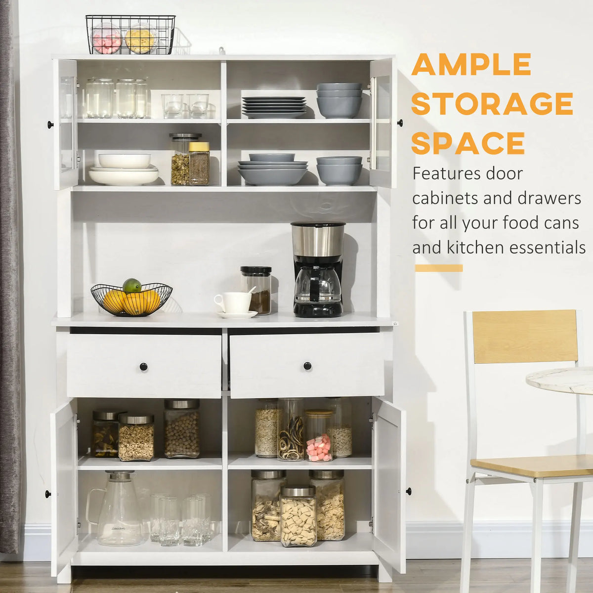 HOMCOM 63.5" Kitchen Buffet with Hutch, Pantry Storage Cabinet with 4 Shelves, Drawers, Framed Glass Doors, Open Microwave Countertop, Antique White