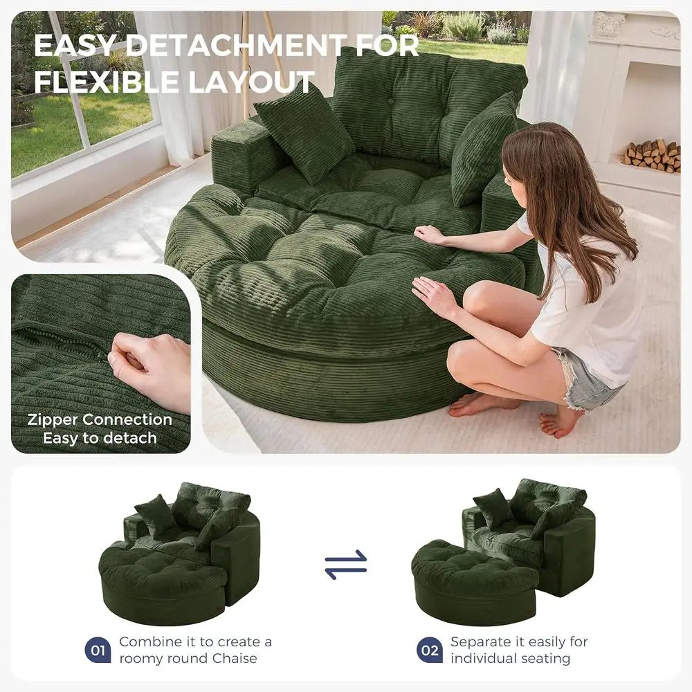 Large Round Upholstered Chaise Lounge Sofa with 3 Pillows, Ottoman, Deep Seating Sleeper Chair for Living Room or Bedroom, No As
