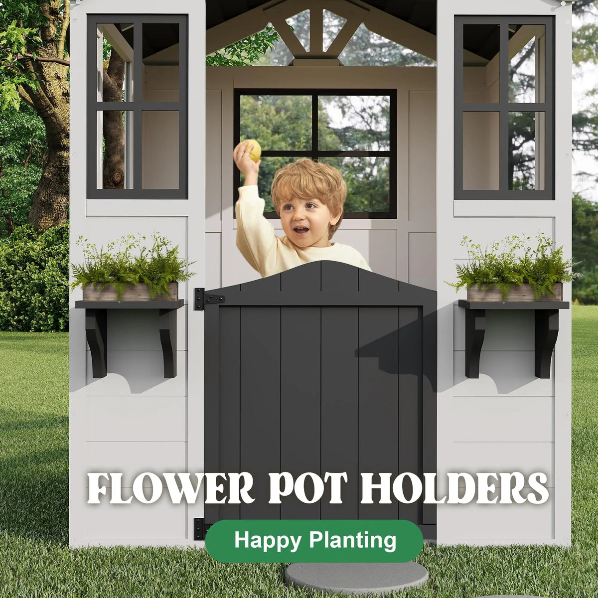 Fir Wood Kids Outdoor Playhouse With Pretend Kitchen and Flower Boxes