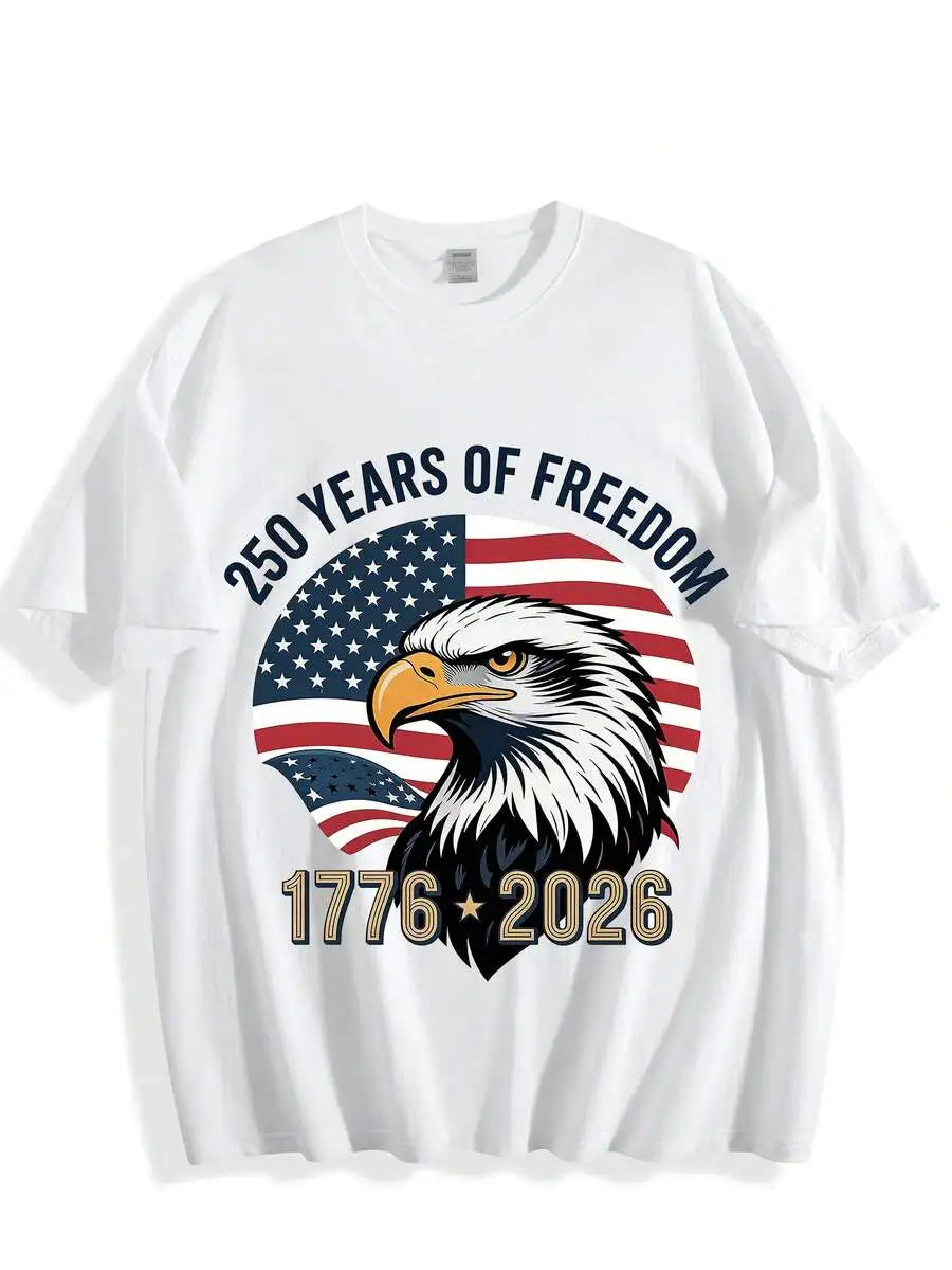 Mens Cotton Tee 250 Years Of Freedom Eagle Flag Graphic T-Shirt 1776-2026 Casual Summer
