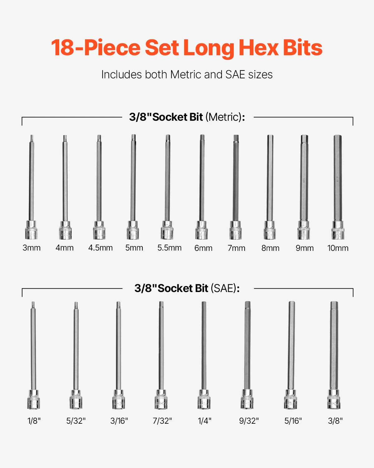 SucceBuy Extra Long Allen Hex Bit Socket Set 18-Piece 3/8 inch Drive S2 Alloy Steel and Cr-V Steel Standard SAE and Metric
