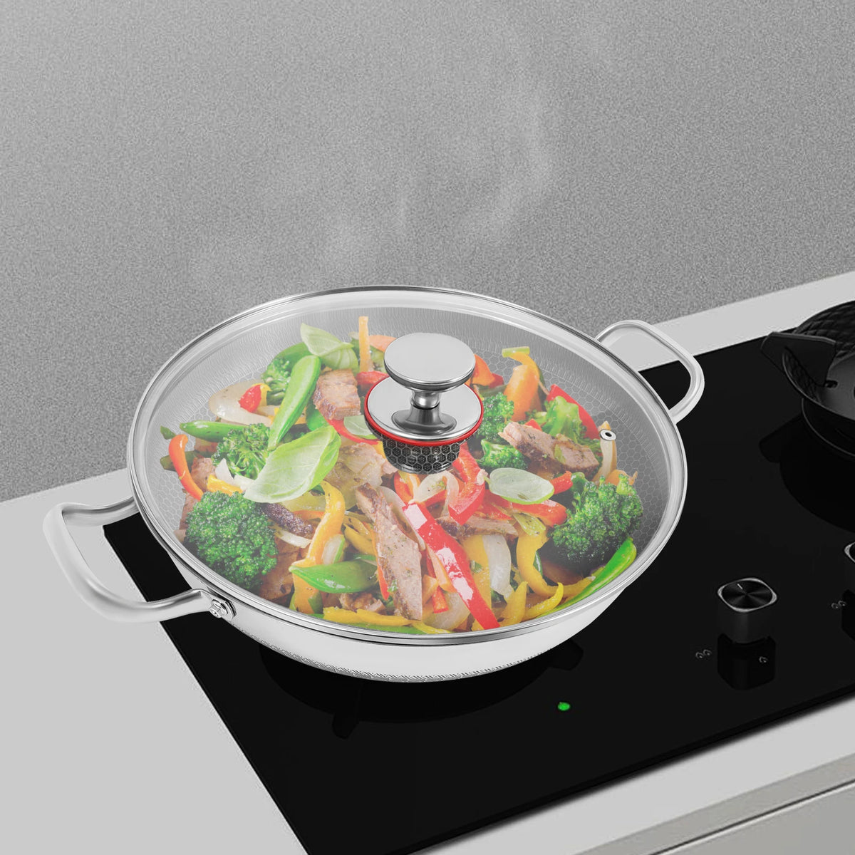Stainless Steel Nonstick Wok Pan With Tempered Glass Lid For Most Stoves