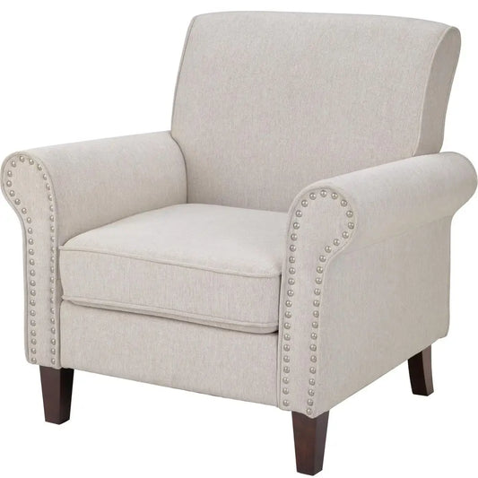 Mid Century Modern Beige Accent Chair With Rolled Arms And Nailhead Trim