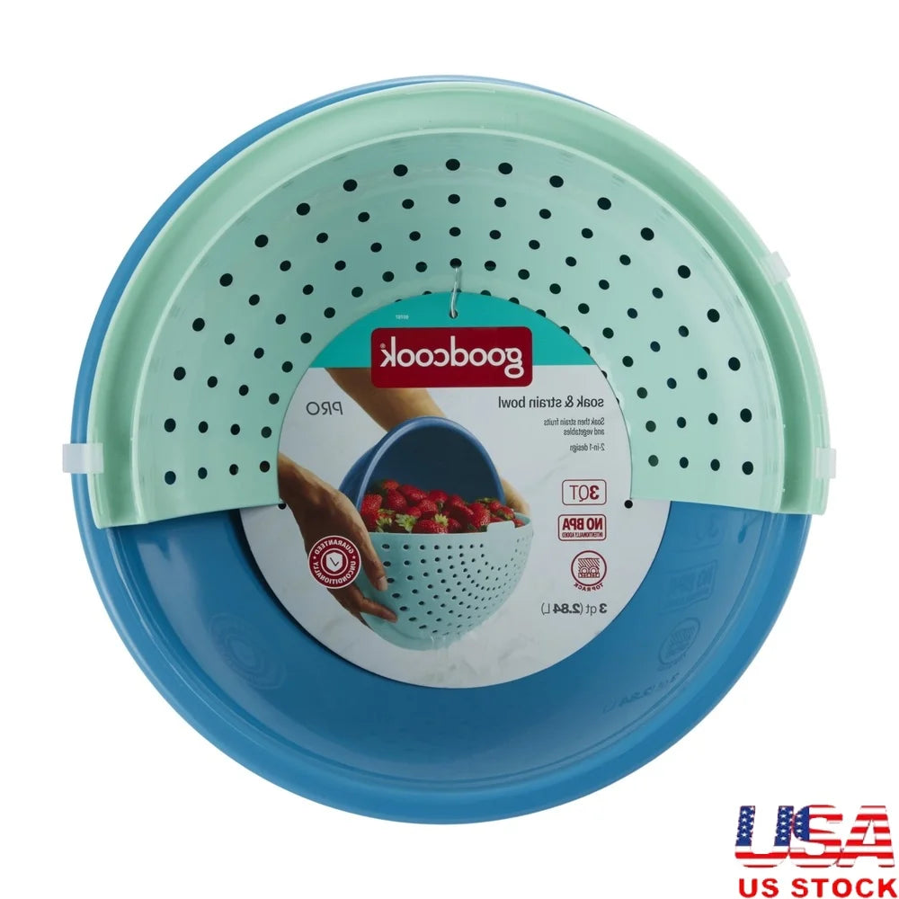 2in1 Soak Strainer Bowl Kitchen Pro Drainage NonSlip Base Compact Foldable Easy Use MultiPurpose