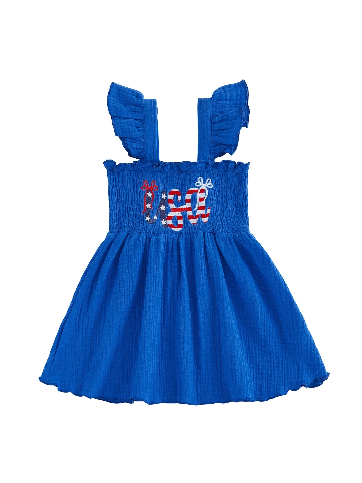 Toddler Girl s 4th of July Dress with Flying Sleeves Square Neckline Embroidered Letters and Smocked A-Line Design for a