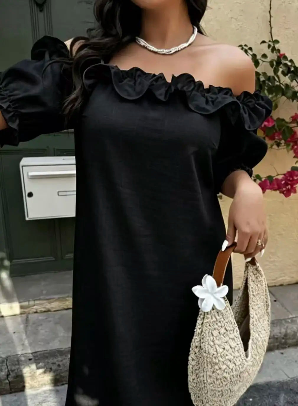 Plus Size Women's Slouchy Slimming Beach Vacation Dress, Off-Shoulder Puff Sleeve Loose Hem Slit Dress