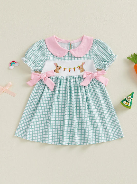 Adorable Baby Girl Easter Dress with Plaid Rabbit Carrot Embroidery Doll Collar and Bubble Sleeves for a Cute Look