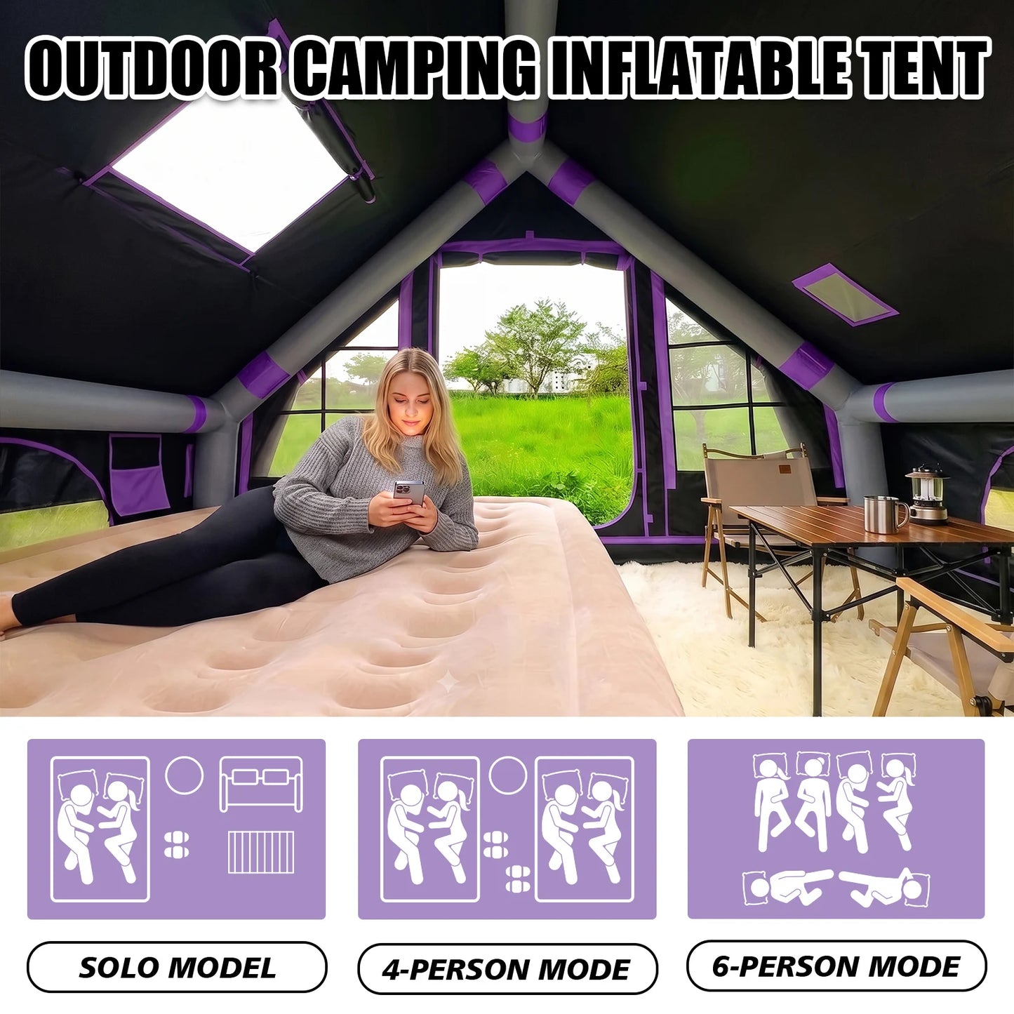 SENLEETO 67.8 SqFt Inflatable Camping Tent for 2-3 Person with Stove Jack,Black Coating Easy Setup Blow Up Tent with Skylight AC Vent Mesh Window