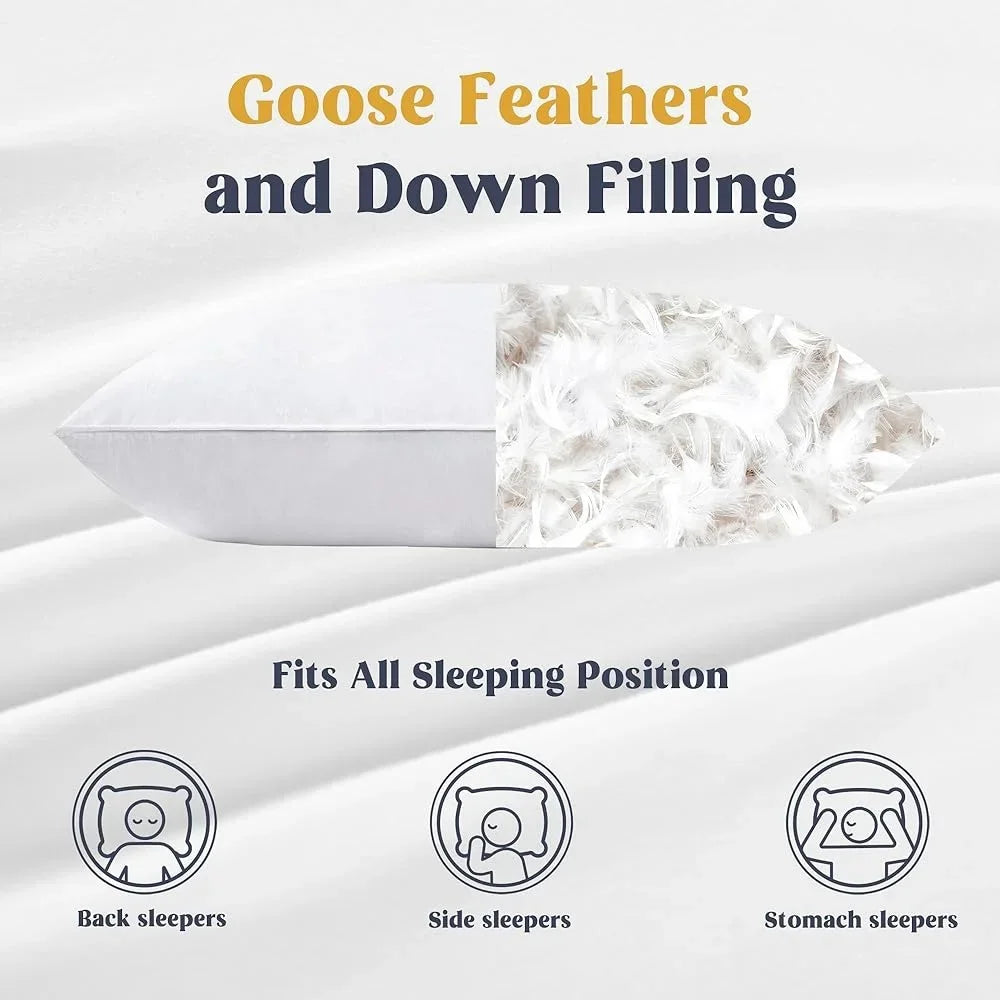 Goose Feathers Down Pillows Set of 2 King Size 100% Cotton Sleeping Pillow Medium Firm Support Soft Comfortable Hotel Collection