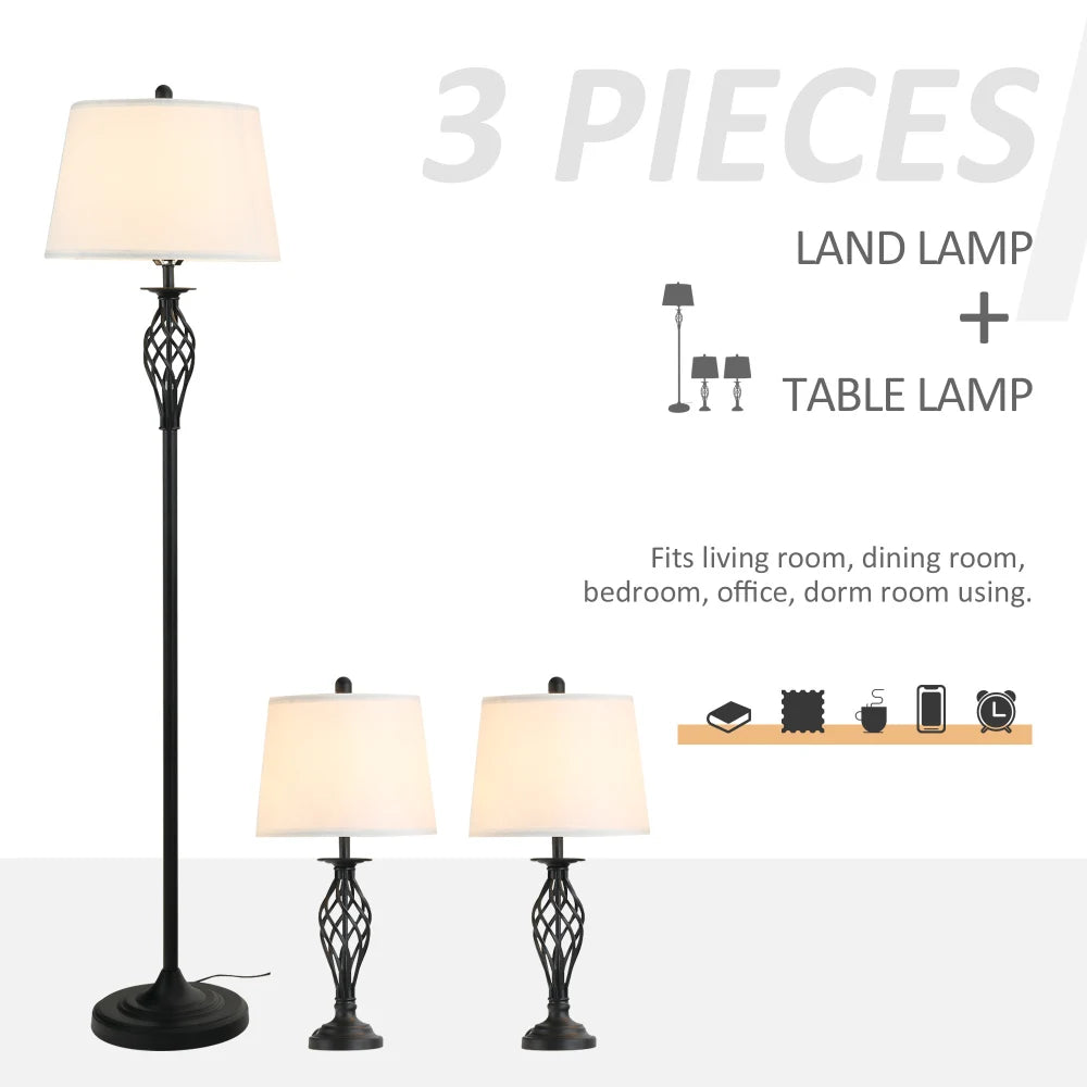 3 Piece Table Floor Lamp Mid Century Modern Lamp for Bedroom Mid-Century Lamp with Metal Pole Round Base and Fabric Lampshade