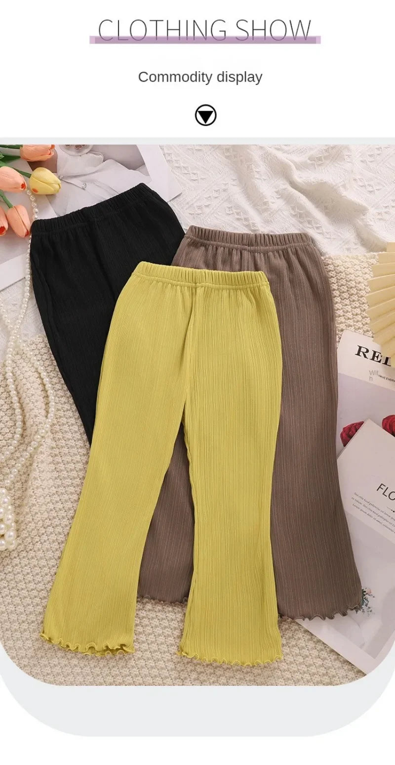 Children Summer Solid Color Thin Ribbed Knit Flared Pants Girls Casual Trousers Korea Fashion Pants Girl Princess Style Capris