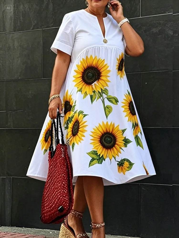 Spring Summer Women White Cotton A - Line Loose Flower Print Pleated V - Neck Midi Dresses Casual Large Size Vacation Outfits