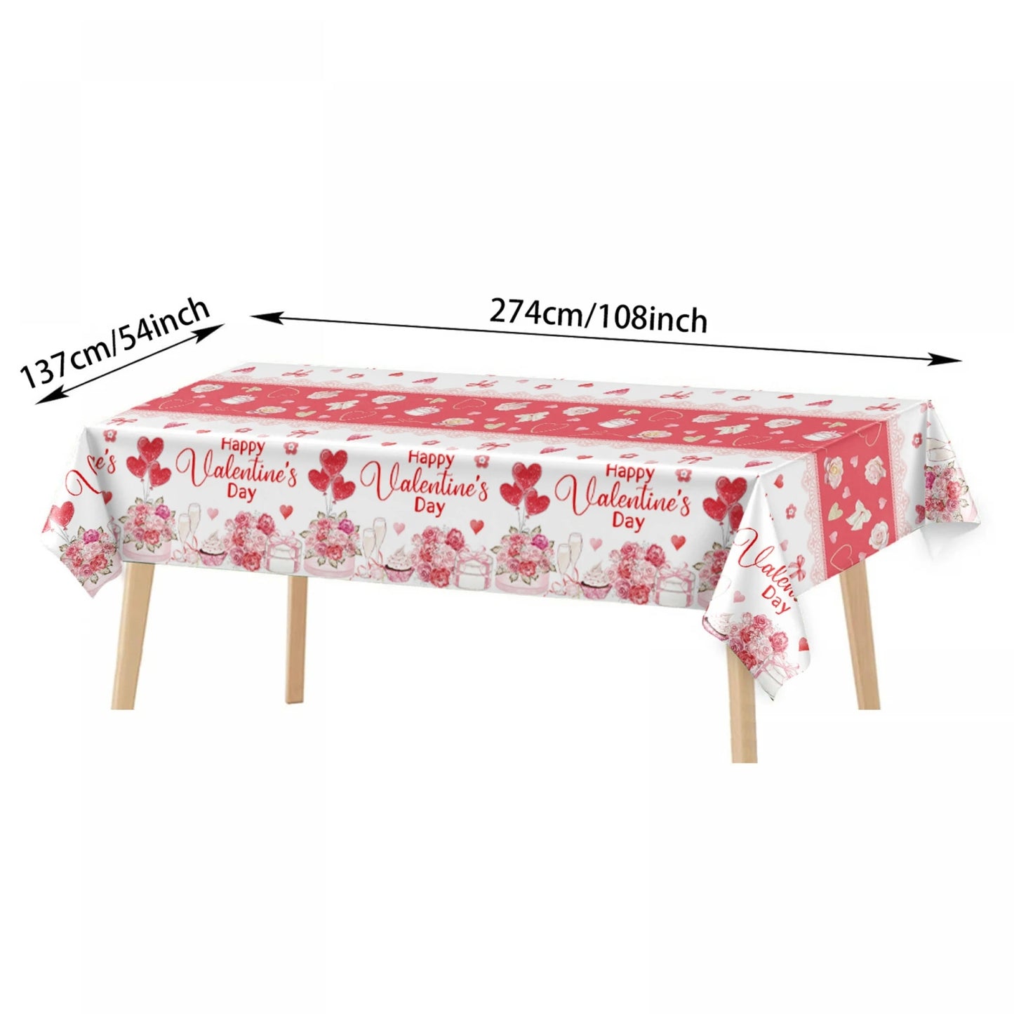 Valentine's Day Decorative Plastic Tablecloth with Romantic Rose and Heart Design for Party