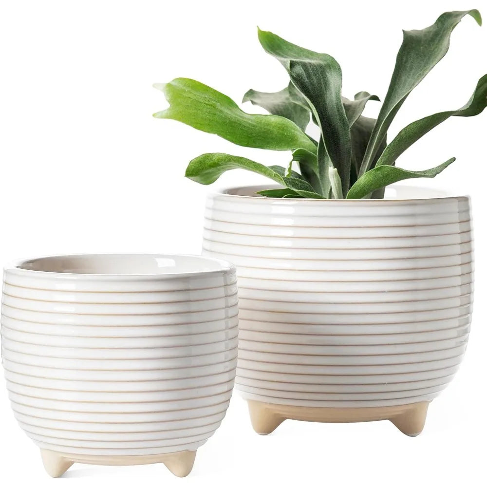 Ceramic Plant Pots 5.1 and 6.4 Inch with Drainage Modern Indoor Footed Planters Reactive Glaze White