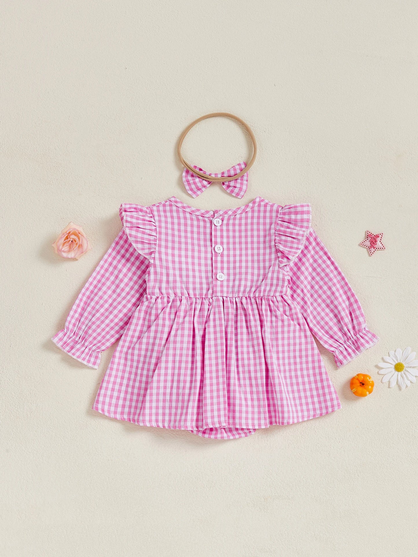 Thanksgiving Baby Girl Outfit Plaid Turkey Embroidered Romper Dress with Long Sleeve and Bow Headband Set - 2 Piece Holiday