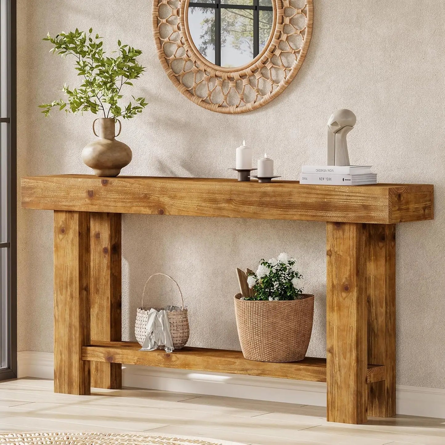 63-Inch Solid Wood Long Console Table, Farmhouse Narrow Entryway Sofa Table with 2-Tier Storage, for Living Room,, Customized