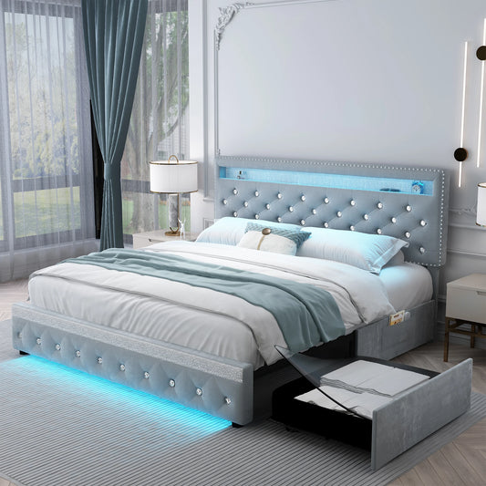 Full Size LED Bed Frame with 2 Drawers, Heavy Duty, Adjustable Crystal Tufted Headboard, No Box Spring, Velvet, Cream/Grey