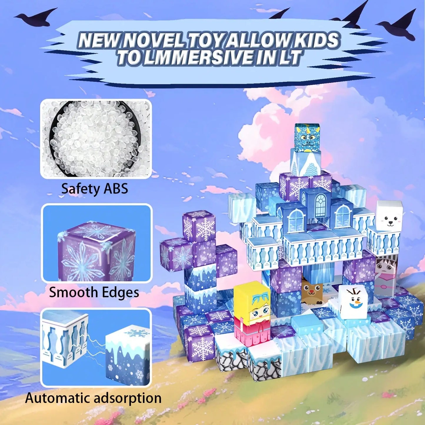 Magnetic Blocks - 100/64/48PCS Magnetic Blocks Build Ice Castle - Magnet Blocks Sets For Blue Princess Castle Build, Upgraded STEM Sensory Birthday Gift For Kids Age 3+ Years Old.