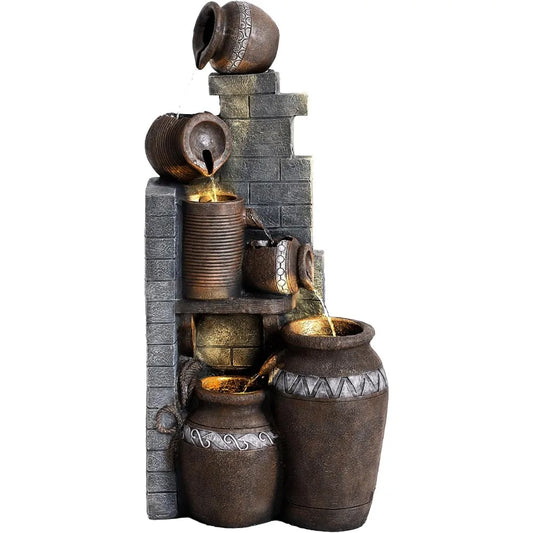39.3" Tall Outdoor Water Fountain Garden Waterfalls Fountain with LED Lights 6 Tier Modern Indoor/Outdoor Floor Standing Water