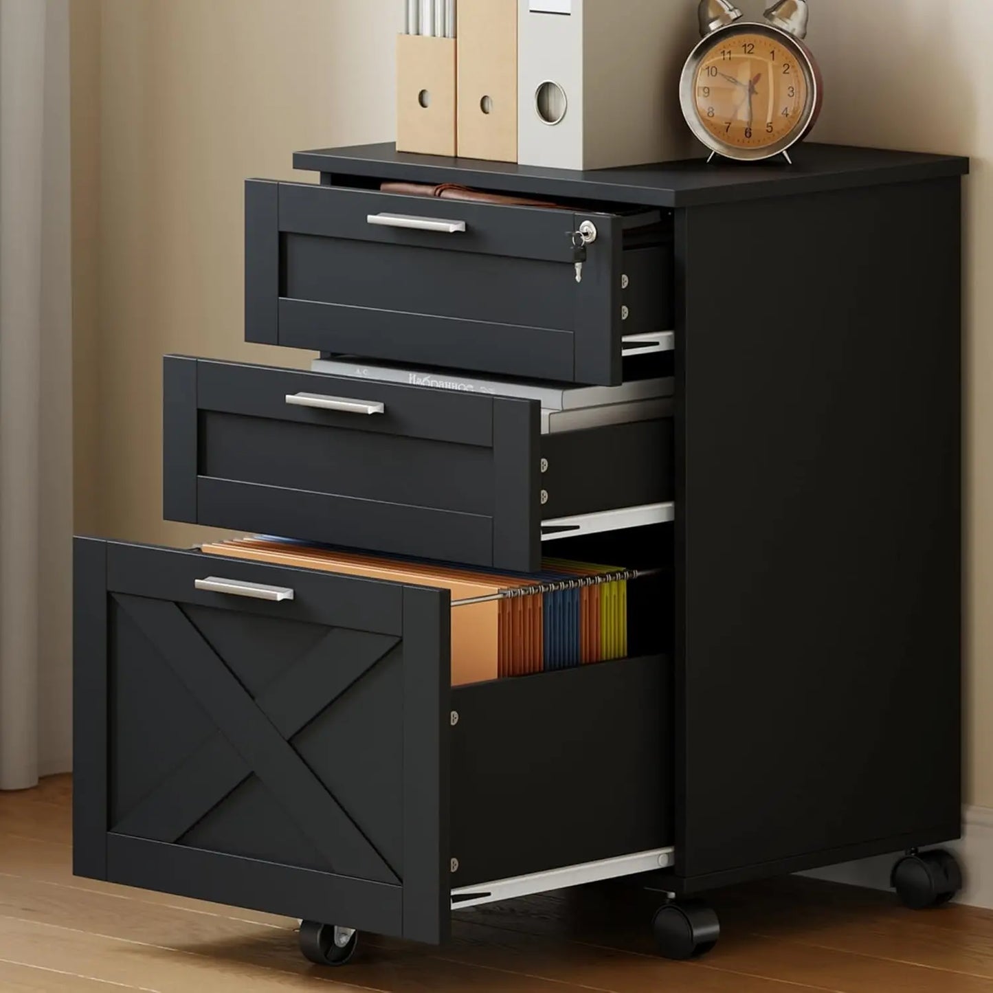 3-Drawer Rolling File Cabinet with Lock - Wooden Mobile Filing Cabinet for Home Office, Under Desk Storage Organizer fits Letter