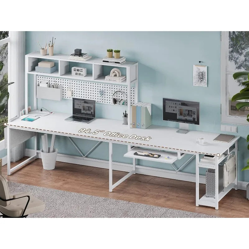 SEDETA White L Shaped Gaming Desk, Reversible Corner With Power Outlet and Pegboard, Hutch, Storage Shelf