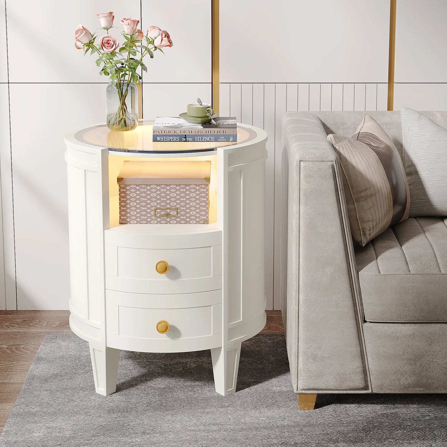 LITTLE TREE 2-Drawer Nightstand with Glass Tabletop, Modern White Oval LED Nightstands, No Assembly Required
