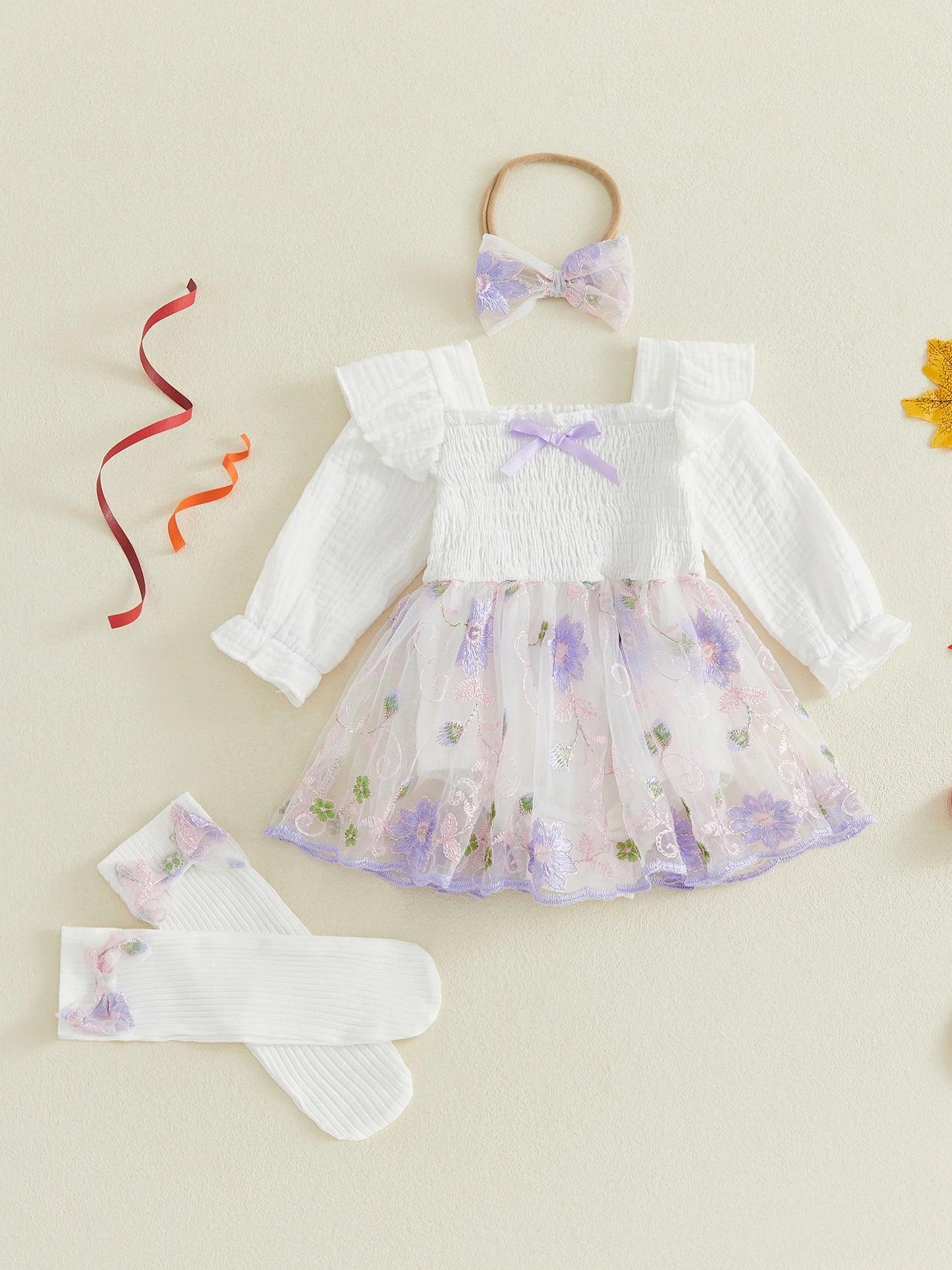 Infant With Headband Stockings Infant-Baby-Girl Romper Fashion Dress-Fashion-Flower Embroidery Infant Baby Girl