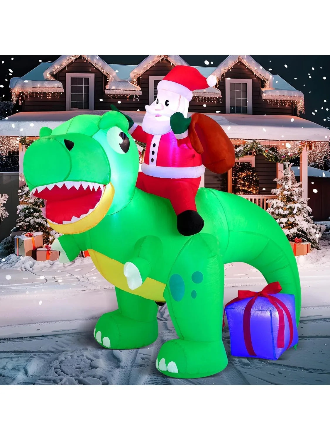 JOYFY 6 FT Christmas Inflatable Dinosaur with Build-in LEDs Dinosaur with Santa for Christmas Inflatable Outdoor Decoration