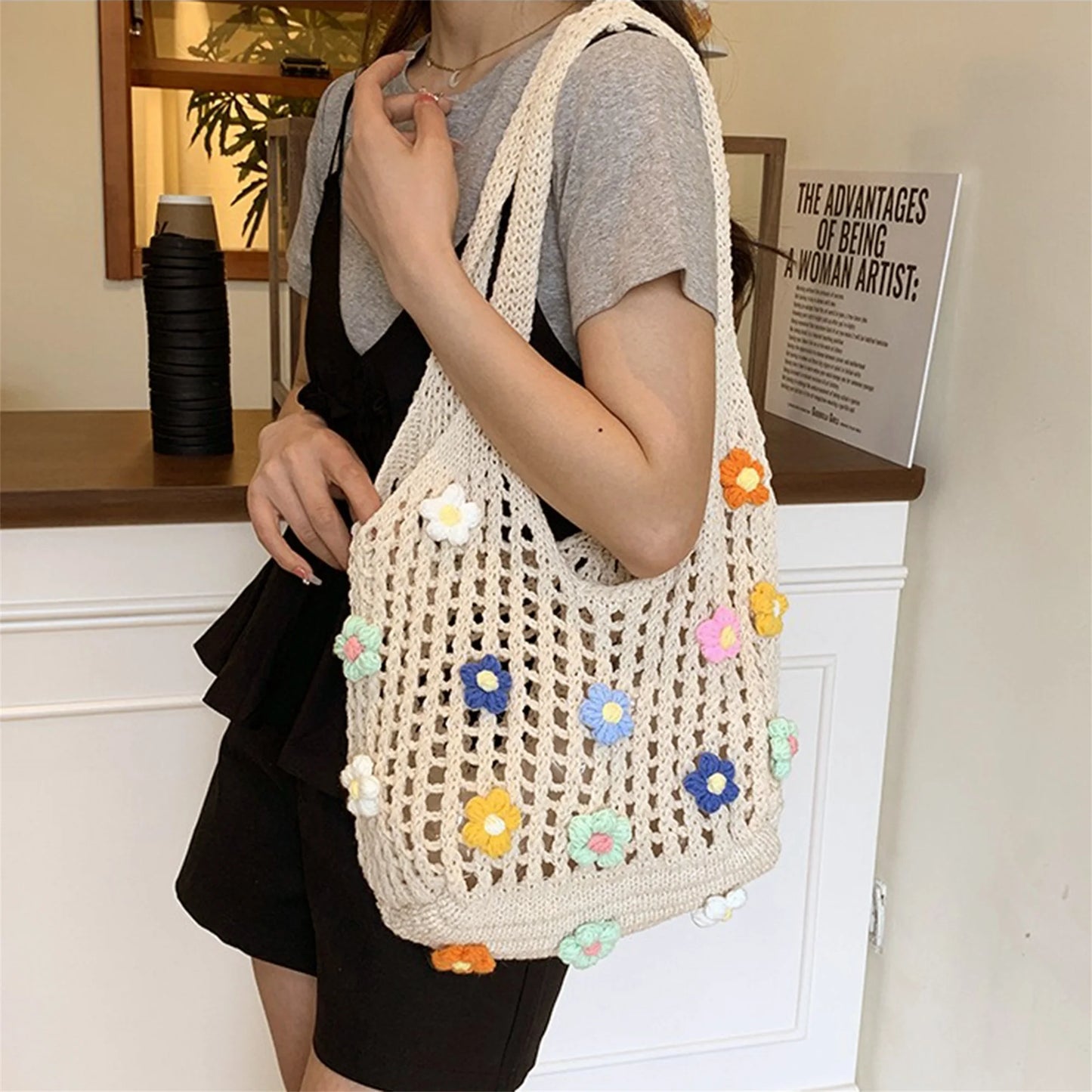 Elegant Floral Embroidered Beach Tote Bag with Tassel Detail Stylish Crochet Shoulder Bag for Summer Vacation Large Capacity