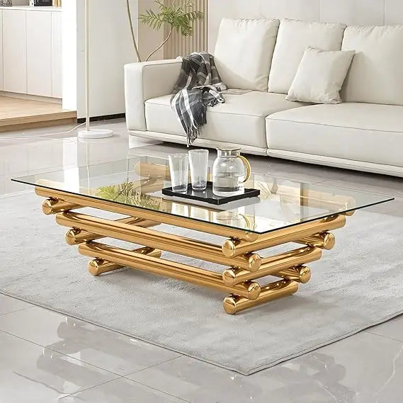 55" Glass Coffee Table, Modern Gold Coffee Tables for Living Room, Rectangular Tempered Glass Top with Stainless Steel Legs, Tea