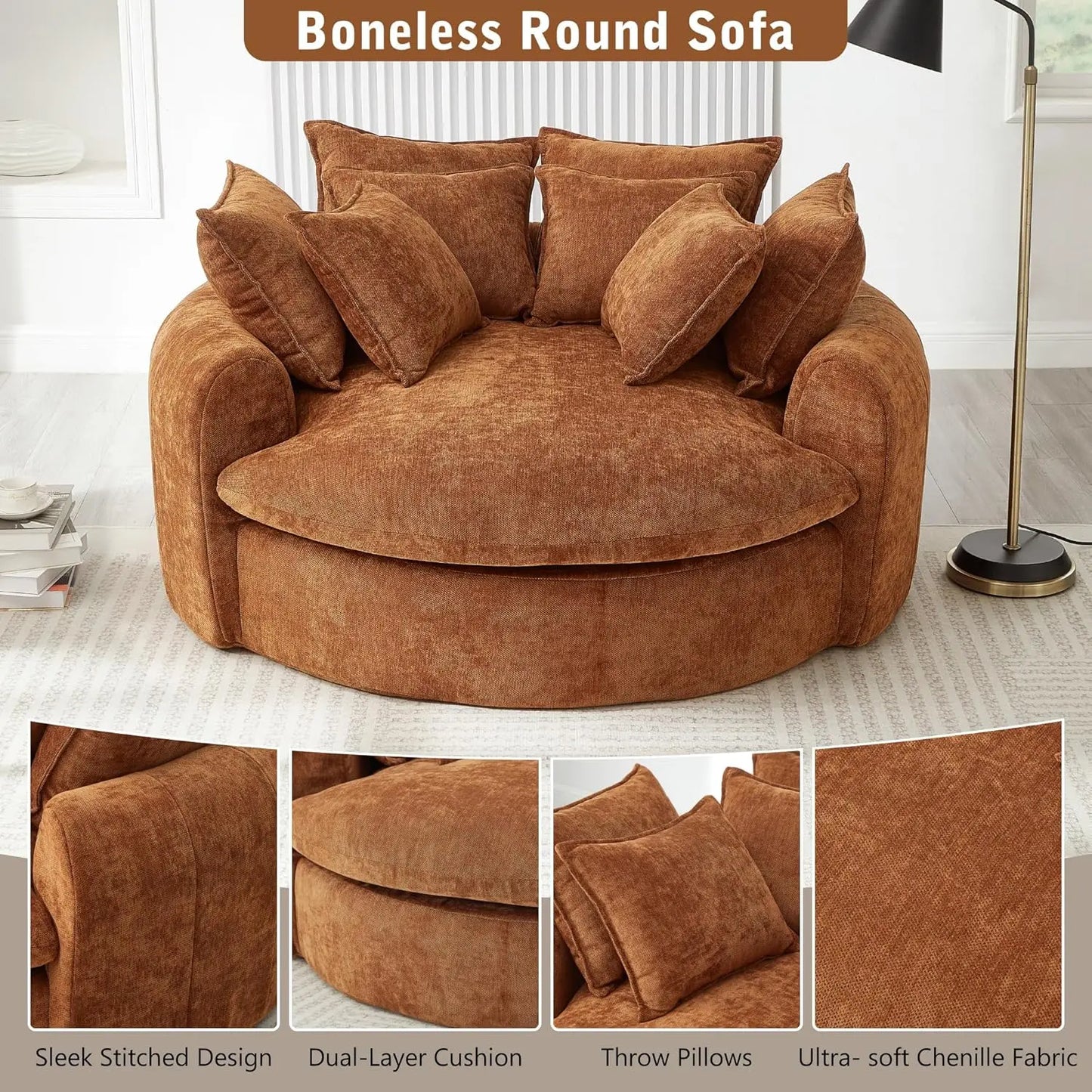 59.8" Modern Round Chaise Sofa Bed, Loaf Sofa with 8 Pillows, Upholstered Boneless Sofa for Living Room, Full-Compressed, Soft