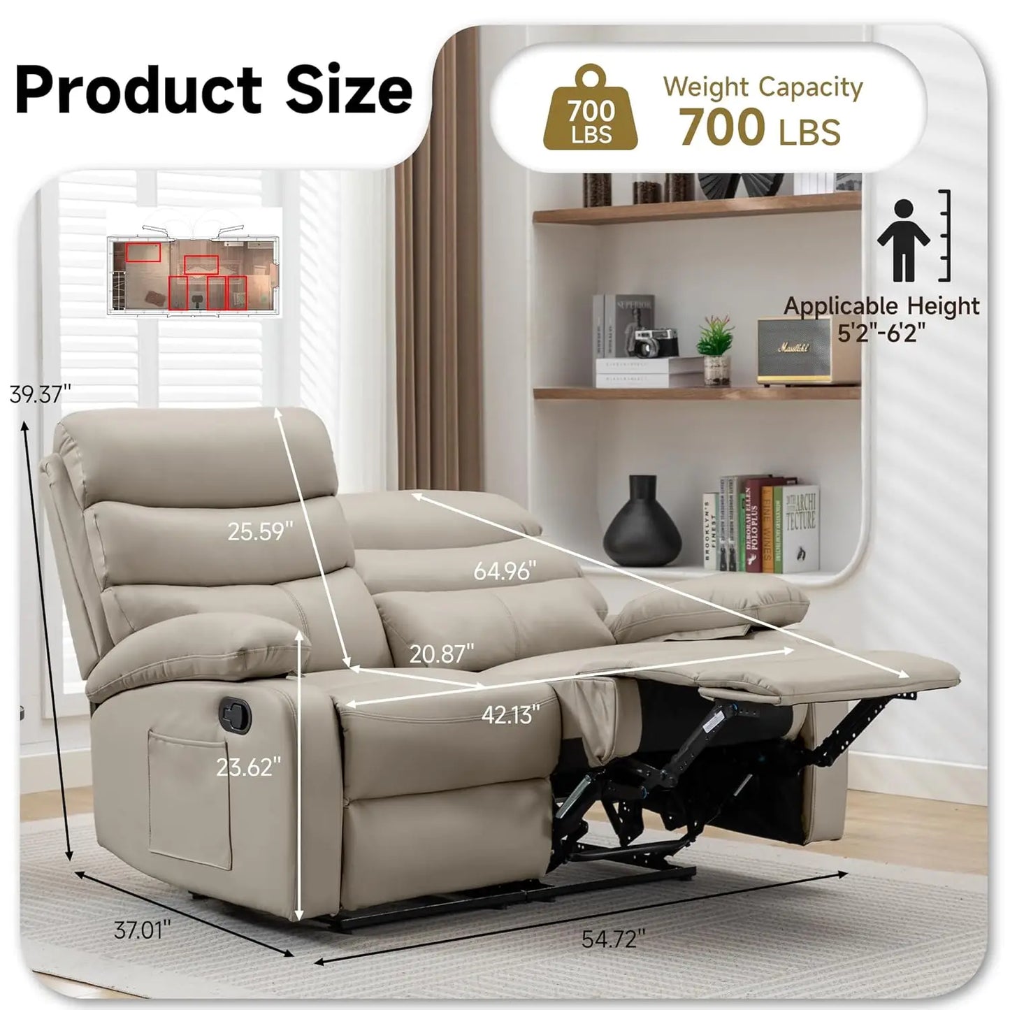 Wall Hugger Reclining Loveseat Anti-Scratch Leather Side Pocket Living Room RV Home Theater 2-Seat Beige, Customized