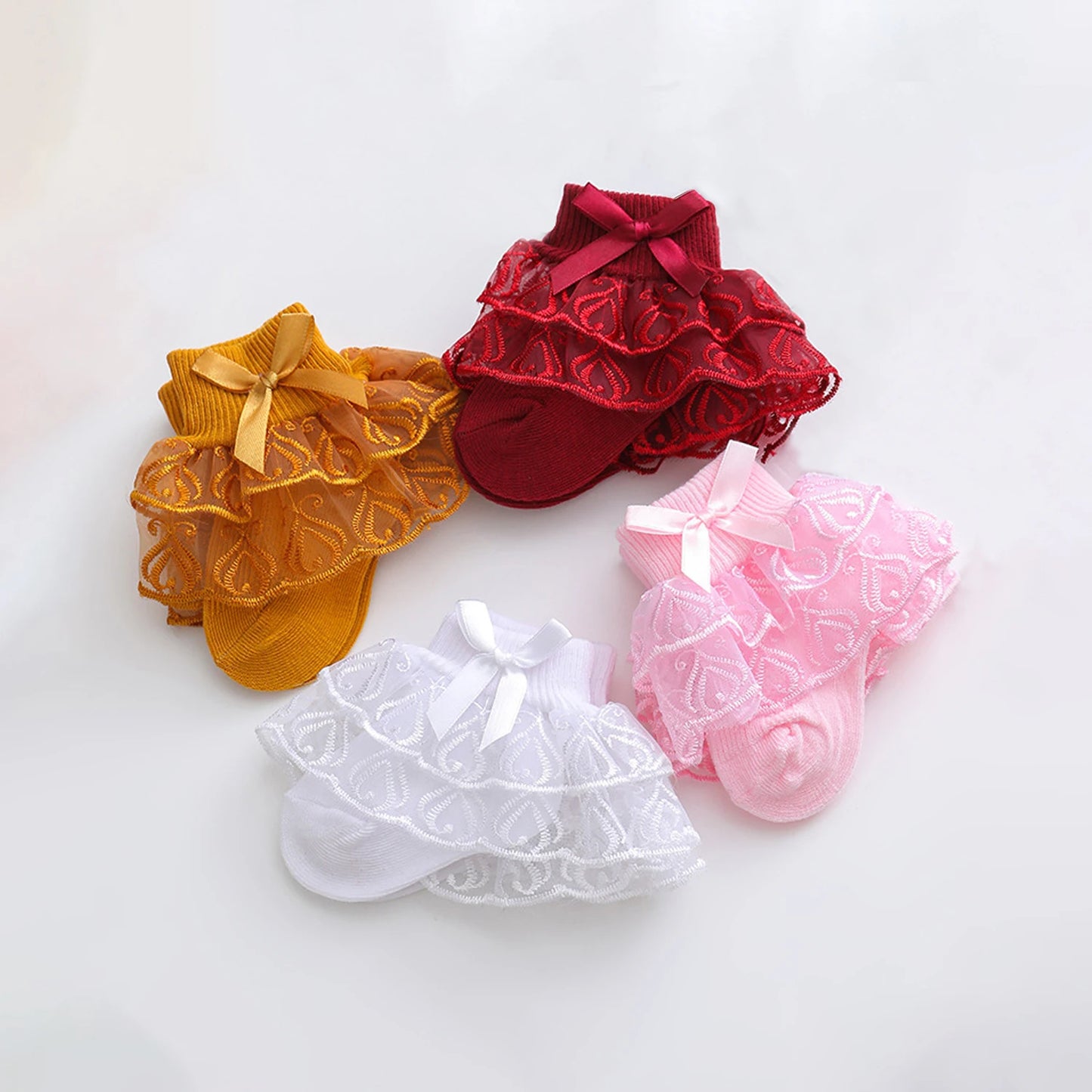 6 pairs of baby girl mid-calf socks with lace ruffle trim, breathable and comfortable lace socks, cute princess socks