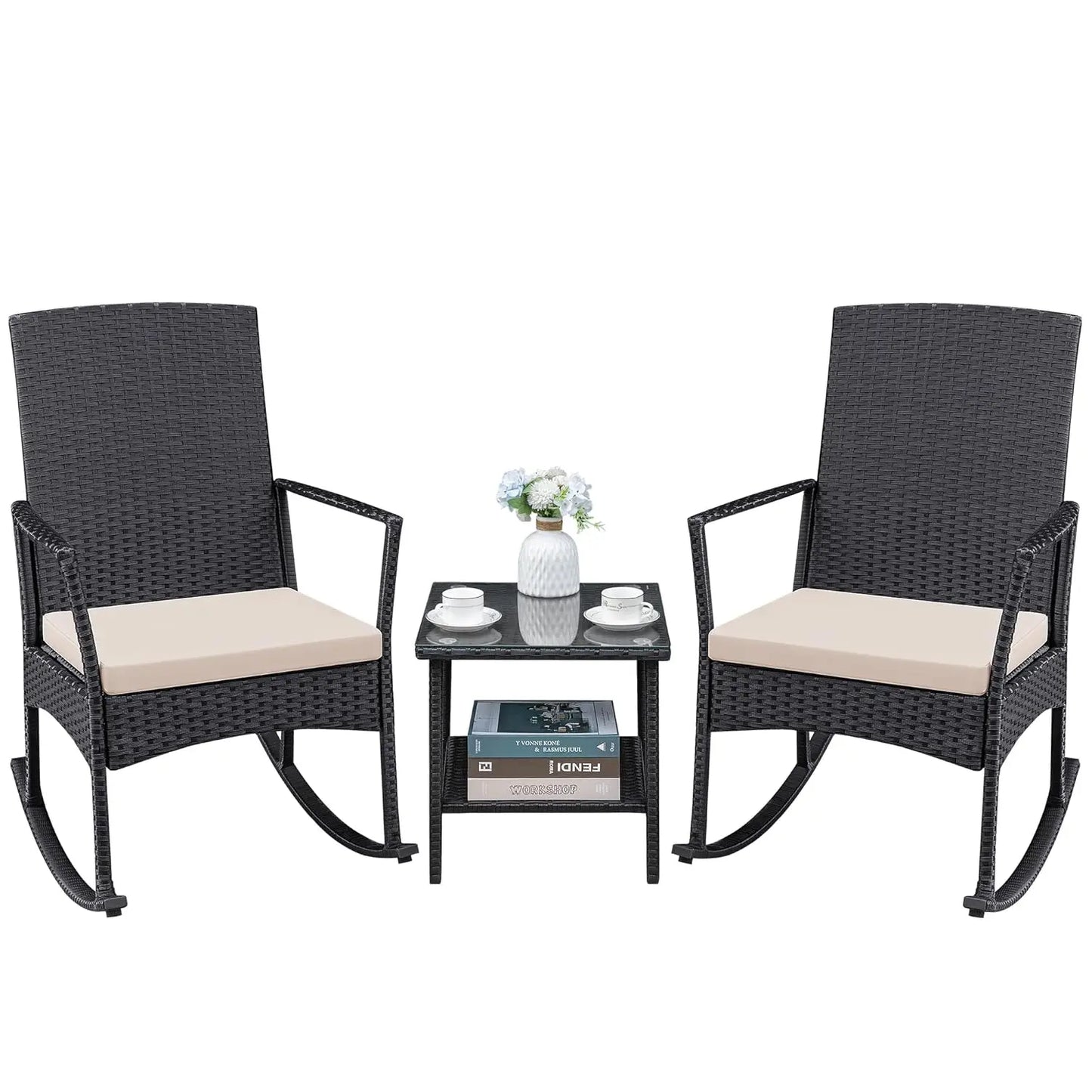 3pc Rattan Rocking Chair Patio Set w Glass Table for Garden Backyard Porch Poolside, Customized