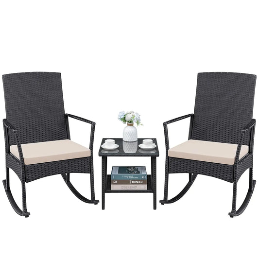 3pc Rattan Rocking Chair Patio Set w Glass Table for Garden Backyard Porch Poolside, Customized