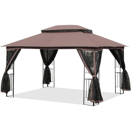 10' X 13' Outdoor Gazebo, Soft Double Roof Canopy Tent with Mosquito Netting, Party Tent Shelter with Corner Frame Shelves for