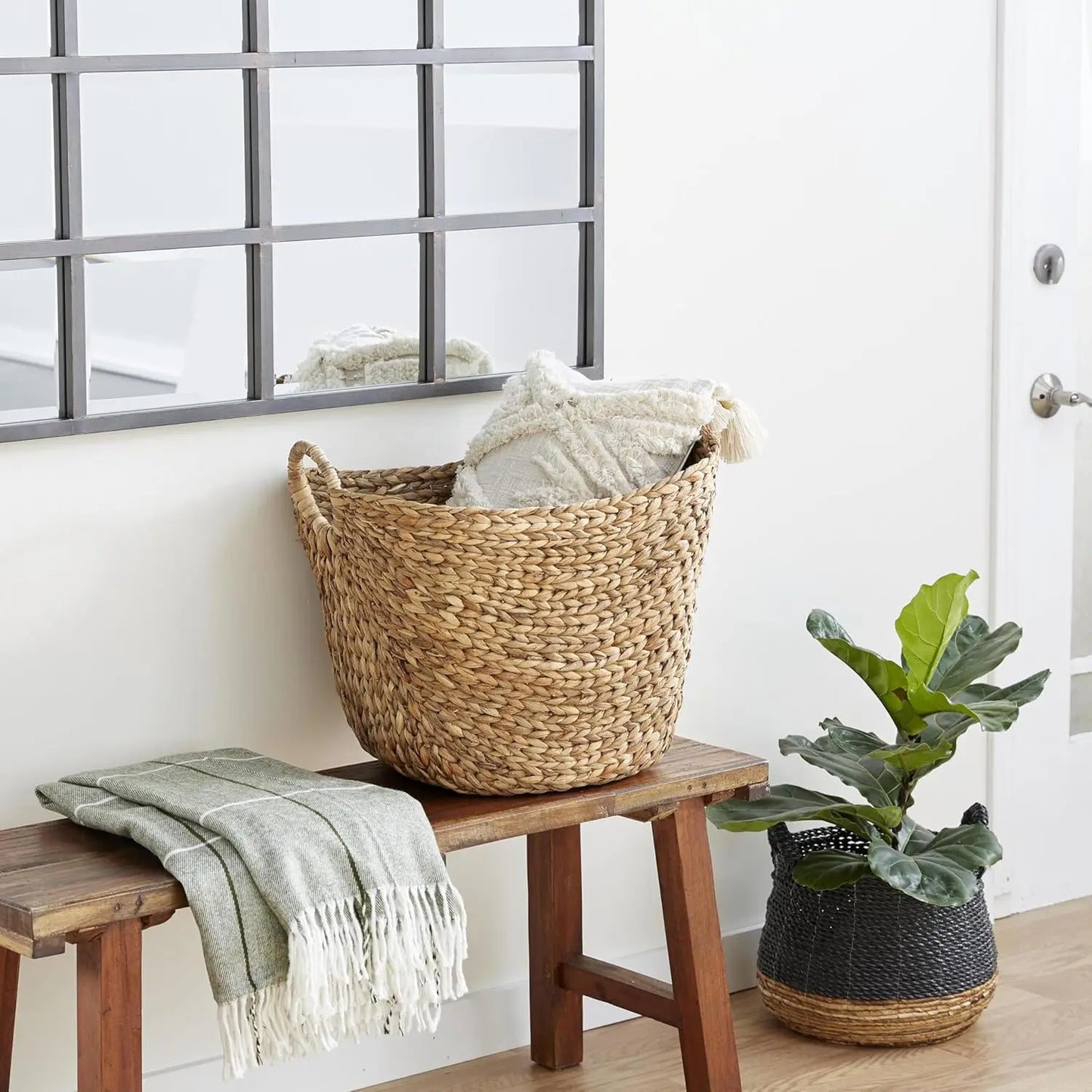 Seagrass Handmade Decorative and Functional Storage Basket Large Woven Basket Organizer with Ring Handles,