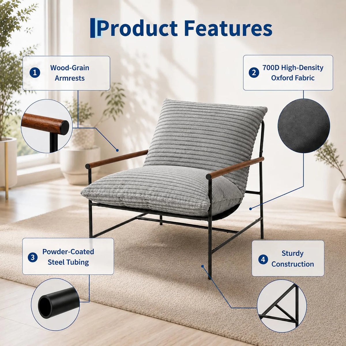 Oversized Accent Chair for Living Room, Deep Seat Corduroy Lounge Reading Chair With Wood Arms, Metal Frame For Bedroom Apartment