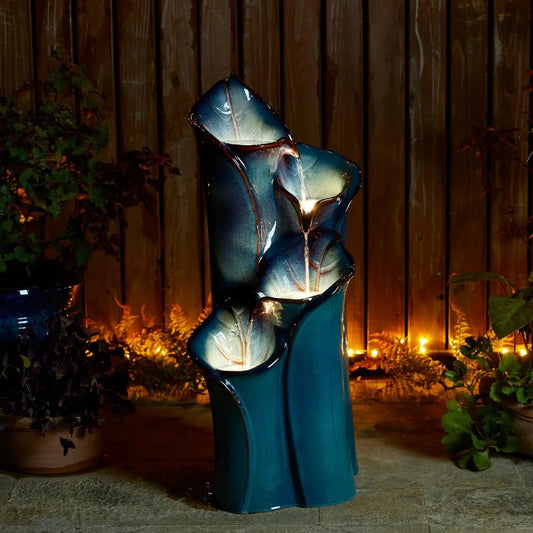 31.25 "H Outdoor Fountain with LED Lights and Water Pump, 4-storey Ceramic Floor Fountain, Waterfall Courtyard Vase Fountain
