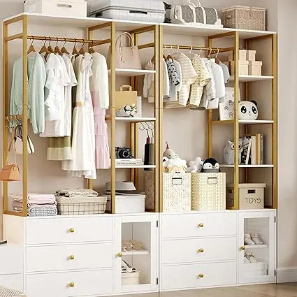 Closet System Organizer, 81.3” H Wardrobe Closet with 3 Wooden Drawers, Clothes Rack with Hanging Rods, 4 Tiers Shelves, Metal