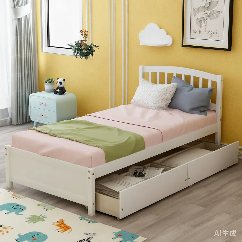 Twin Wood Platform Bed Frame with Storage Drawers Headboard Walnut, Customized