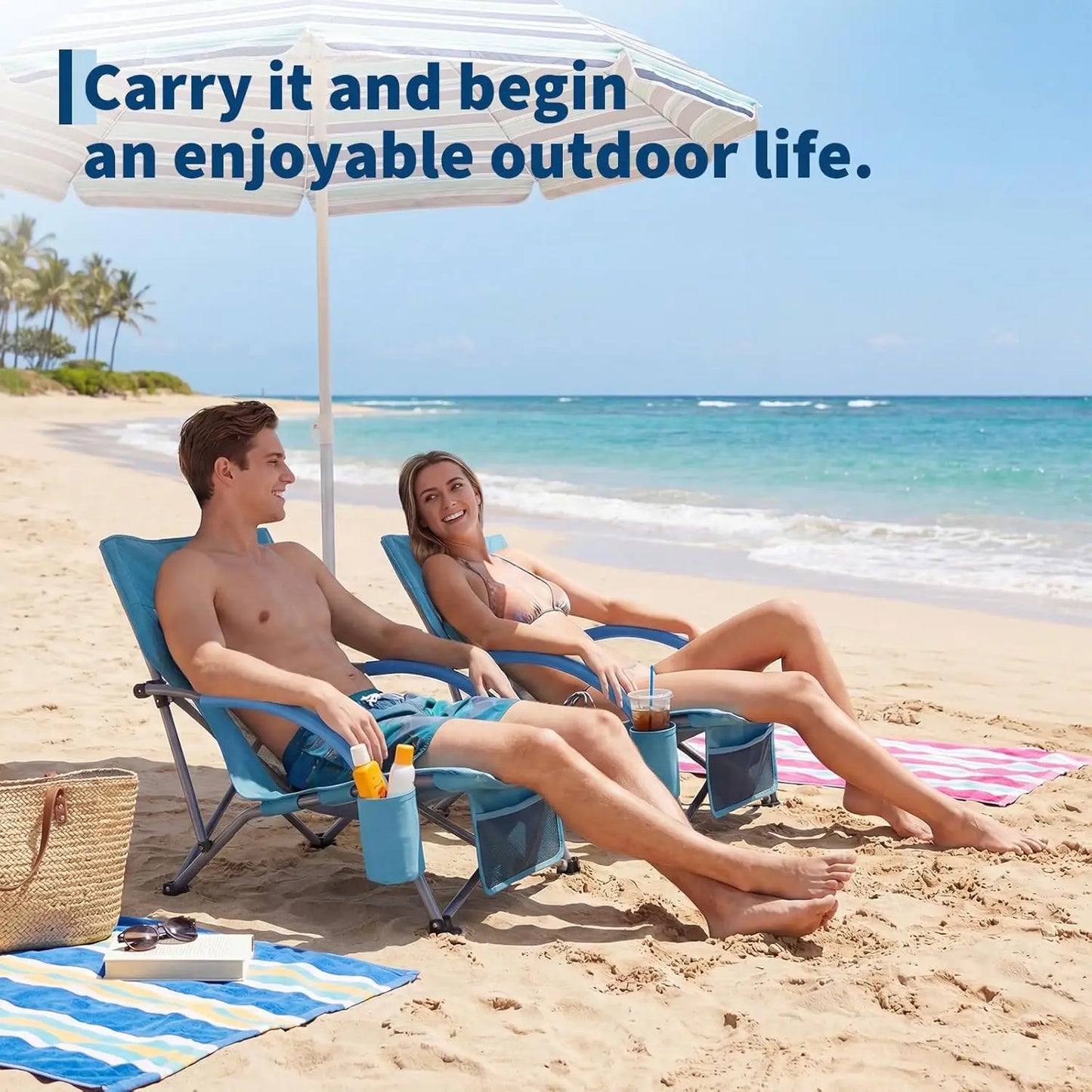 High Back Beach Chair,Folding Beach Chairs, Extra Wide Seat Chair with Cup Holder, Storage Pocket & Carry Bag for Camping Travel