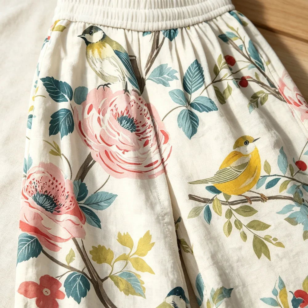 Eclectic Grandpa Floral Bird Pattern Wide Leg Pants Soft Silk Palazzo Trousers, Summer Beach Tropical Vacation Outfits